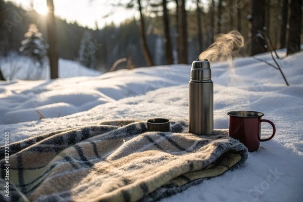 Fototapeta Blanket on snow with thermos and mug for a camp in winter forest