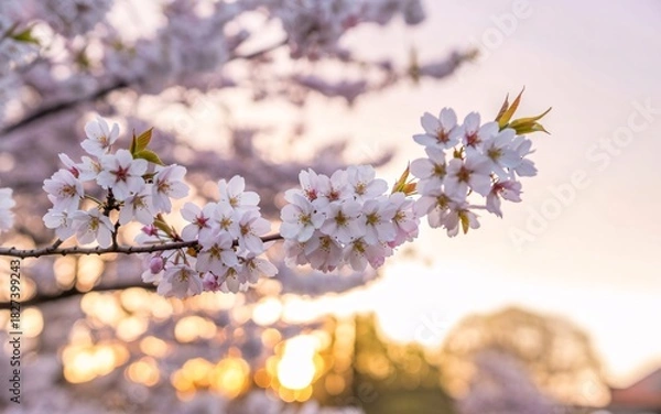 Obraz Cherry blossoms in Spring with soft pastel sky bokeh behind for copy space