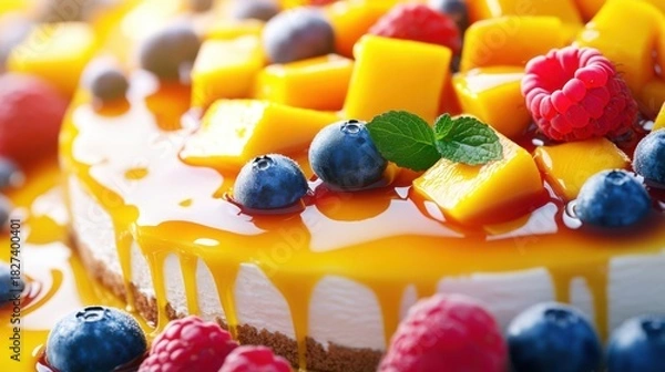 Fototapeta A delectable mango cheesecake adorned with fresh blueberries, raspberries, and a sprig of mint, drizzled with a luscious, glossy glaze