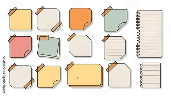Fototapeta Colorful Sticky Notes and Notebook Paper Vector Set Digital Planner and Memo Elements