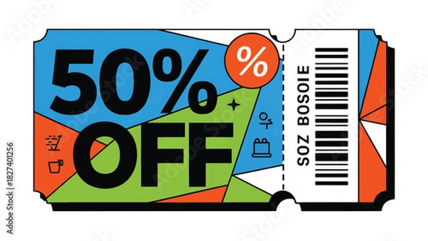 Fototapeta Bold Geometric 50% Off Discount Coupon and Voucher Vector Template with Abstract Modern Art and Barcode