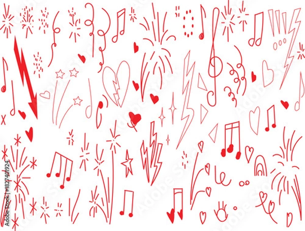 Fototapeta  hand-drawn vector doodles in red and white. The doodles feature a variety of celebratory and musical motifs, 
