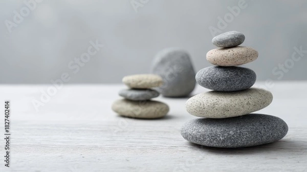 Fototapeta Smooth stones are carefully stacked in a balanced arrangement on a wooden surface creating a peaceful atmosphere. The setting is simple and calming promoting tranquility.