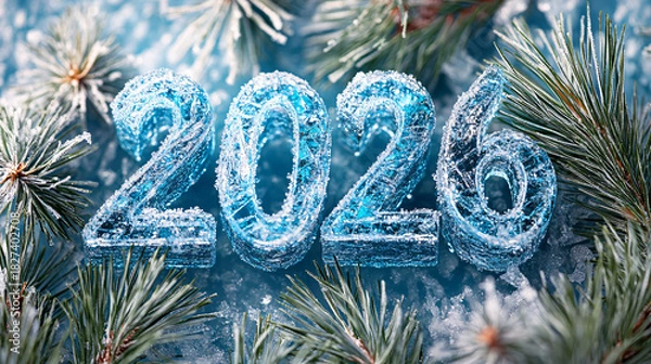 Fototapeta Icy 2026 New Year greeting with snowy pine boughs, festive, and inviting vibe