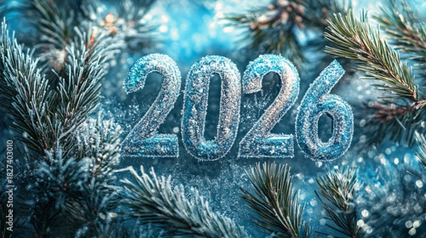 Fototapeta Icy 2026 new year greeting card with frost covered pine branches design element