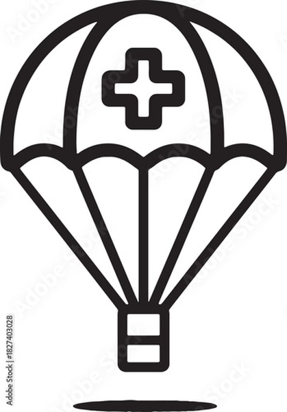 Obraz Black and white line icon of a medical supply parachute dropping aid