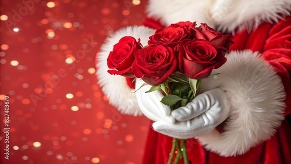 Fototapeta tender and romantic festive image of Santa Claus's gloved hands, dressed in his traditional red suit with plush white fur trim, gently holding a beautiful bouquet of deep red roses. T