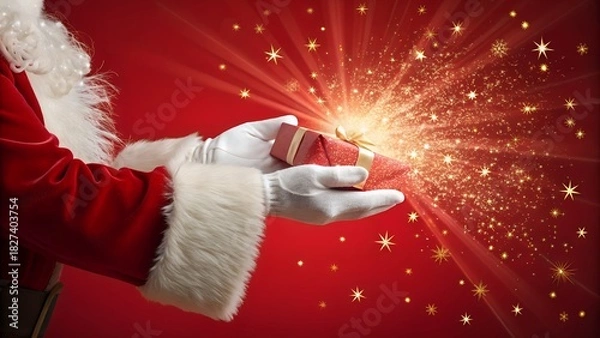 Obraz A magical and festive image of Santa Claus's gloved hands, dressed in his iconic red suit with white fur trim, holding a small, elegantly wrapped red gift box. From the gift, a burst of sparkling gold