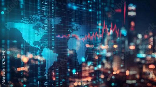 Fototapeta Global market analysis with world map overlayed on a dynamic cityscape view