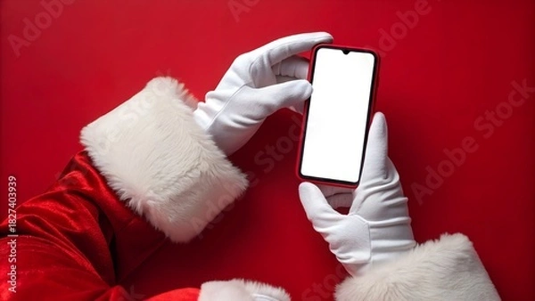 Obraz  modern and festive flat lay showcasing Santa Claus's gloved hands, dressed in his traditional red suit with plush white fur trim, holding a smartphone with a blank white screen. 