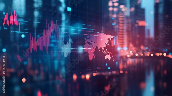 Fototapeta Global business network financial data analysis with a modern city background