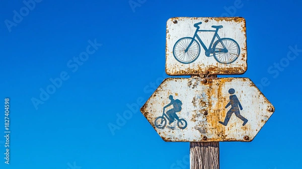 Fototapeta Follow path for biking and walking trails directions on rustic outdoor sign