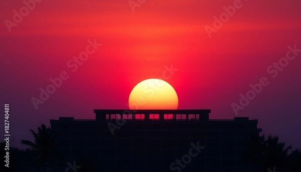 Fototapeta City sunrise or sunset with an abstract view of the beautiful orange and red sky, light, and clouds over the water horizon