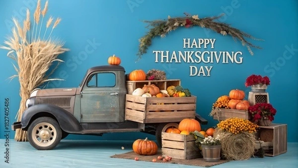 Obraz the truck's rear, a small wooden crate also holds a few pumpkins, a