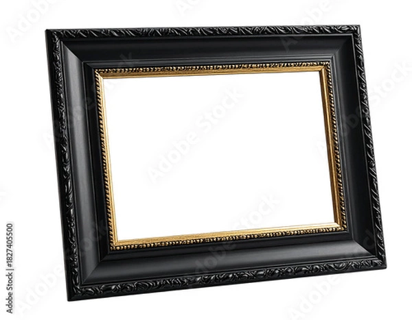 Fototapeta Ornate black and gold picture frame tilted on transparent background