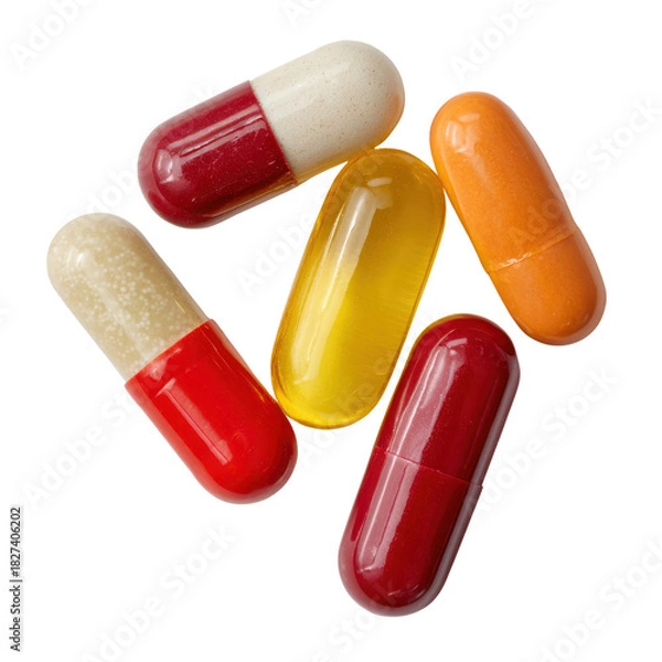 Fototapeta Five colorful pharmaceutical capsules scattered on a black background pill medicine, Cut Out, Isolated On White Background, Png Transparent