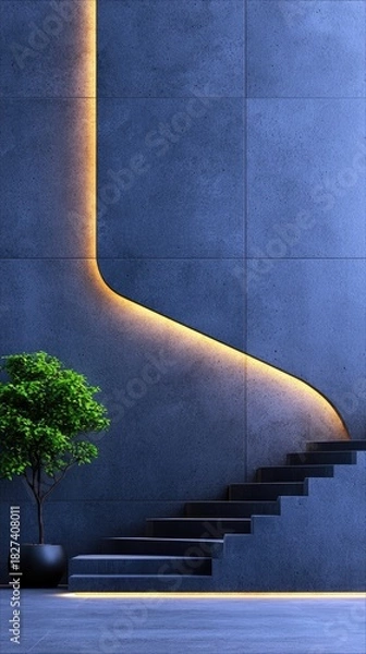 Fototapeta A modern interior design featuring a staircase, decorative lighting, and a potted tree. The scene is bathed in a cool, moody light.