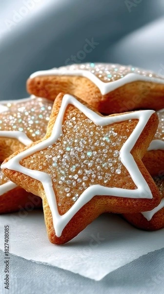 Fototapeta A close-up shot of star-shaped cookies decorated with white icing and sparkling sugar sprinkles, presented on a white surface with a soft, blurred background.