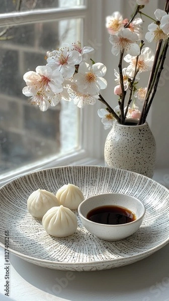 Fototapeta Close-up of a plate with steamed dumplings and a small bowl of sauce, next to a vase of flowers by a window. Sunny day, indoors.