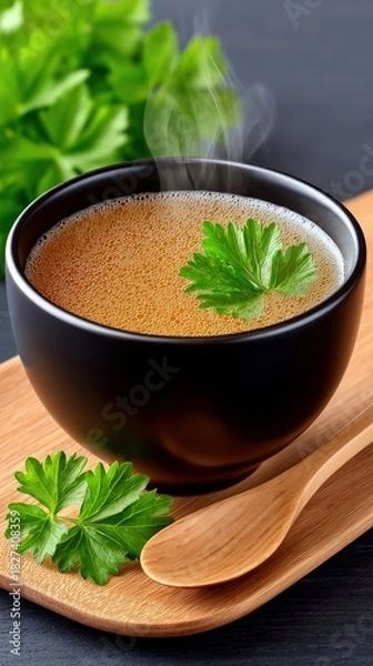 Fototapeta Close-up of a bowl of hot soup with parsley garnish, served on a wooden tray. Steam rises from the soup, creating a warm and inviting atmosphere.
