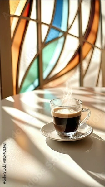 Fototapeta A cup of hot coffee sits on a white saucer on a table, with a colorful stained glass window in the background. The scene is illuminated by bright sunlight, crea