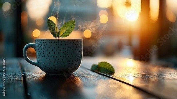 Fototapeta A cup of tea with fresh mint leaves on a wooden table, with steam rising against a blurred background of sunlight.