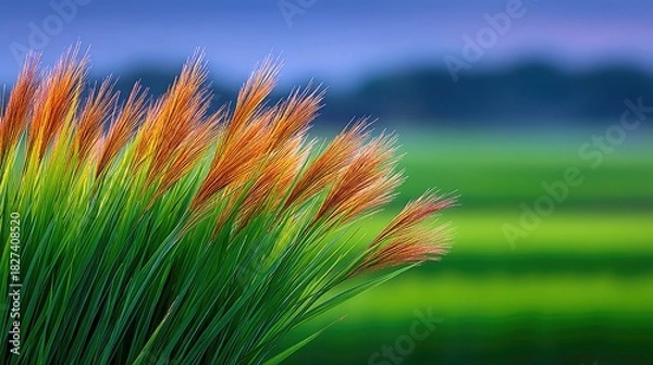 Fototapeta Close-up of tall green grasses with feathery orange seed heads, blurred green field and blue sky background.