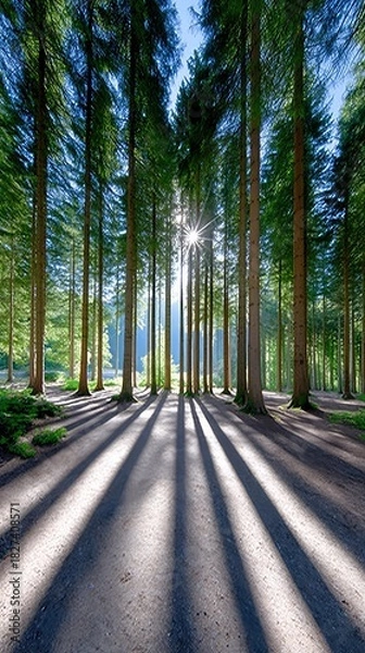 Fototapeta A scenic view of a forest with tall trees, sunlight streaming through the canopy, and long shadows cast on the ground during a sunny day.