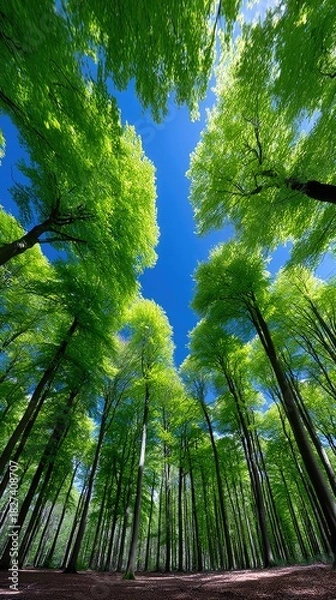 Fototapeta Low angle shot of tall trees with green leaves reaching towards a clear blue sky. The scene is bathed in sunlight, creating a vibrant and refreshing atmosphere.
