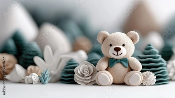 Fototapeta A cute teddy bear sits surrounded by decorative elements, creating a soft and dreamy atmosphere.