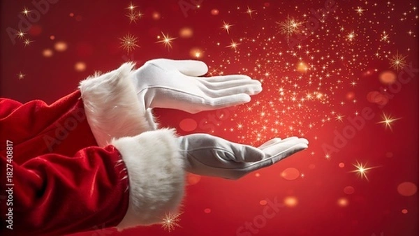 Fototapeta . His hands are open, as if conjuring or releasing a burst of sparkling, golden light and intricate snowflake shapes