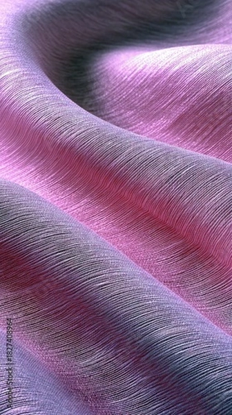 Fototapeta Close-up of a textured fabric with a gradient of pink and purple hues, draped in soft folds. The fabric has a subtle, woven appearance and is illuminated with g
