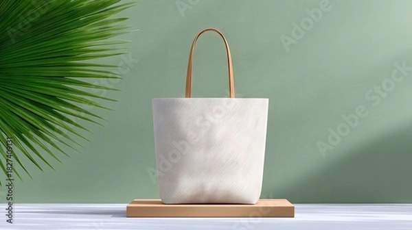 Fototapeta A white tote bag is displayed on a wooden pedestal with a green background. A palm leaf is in the background, and the lighting is soft.