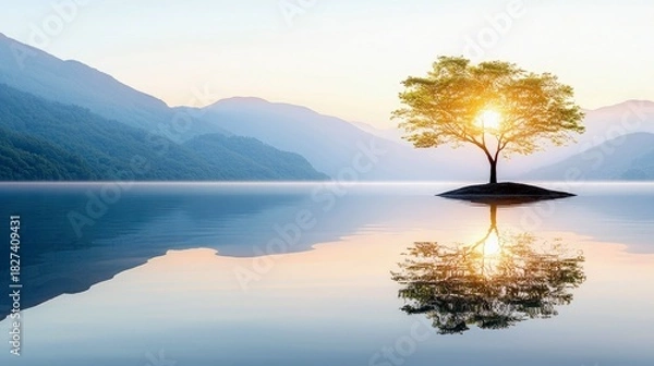 Fototapeta A tree on a small island in a lake reflects in the water, with mountains in the background, bathed in the soft light of sunrise.
