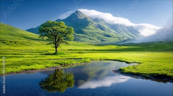 Fototapeta A lone tree reflects in the calm water of a small lake, with green hills and mountains in the background under a blue sky with clouds.