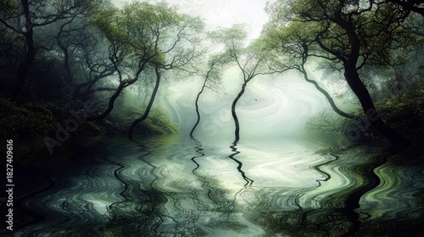 Fototapeta A tranquil landscape featuring trees reflected in calm water, creating a surreal and atmospheric scene in a misty forest.
