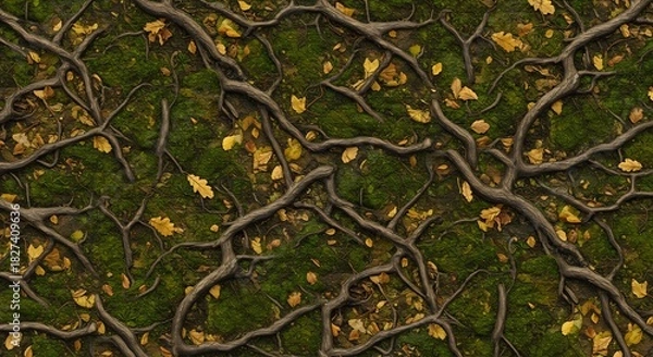 Fototapeta Detailed overhead view of forest floor with roots and leaves.