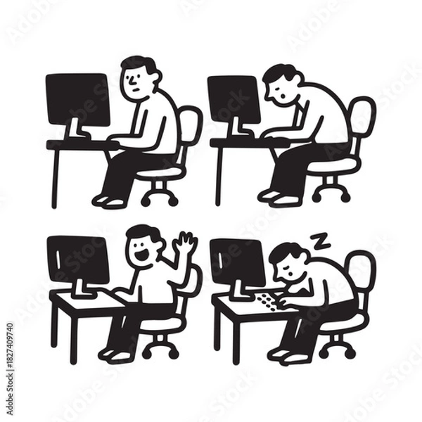 Fototapeta Icon Set of a Man Working, Tired, Happy, and Sleeping at a Desk.
