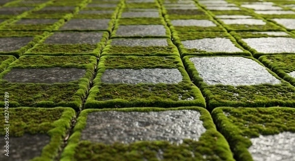 Fototapeta Mossy Stone Path - A Textured Ground View of Natures Embrace.