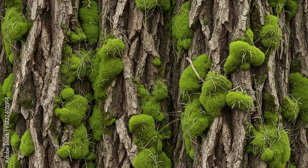 Fototapeta Mossy Tree Bark - A Close-Up of Natures Texture and Greenery.