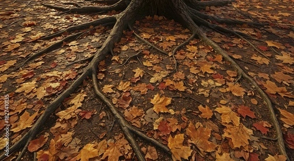 Fototapeta Tree roots and fallen leaves create a textured autumn scene.