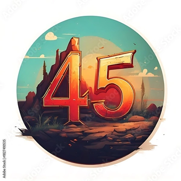 Obraz An illustration features the number "45" rendered in a stylized, cartoonish manner, with a desert landscape background