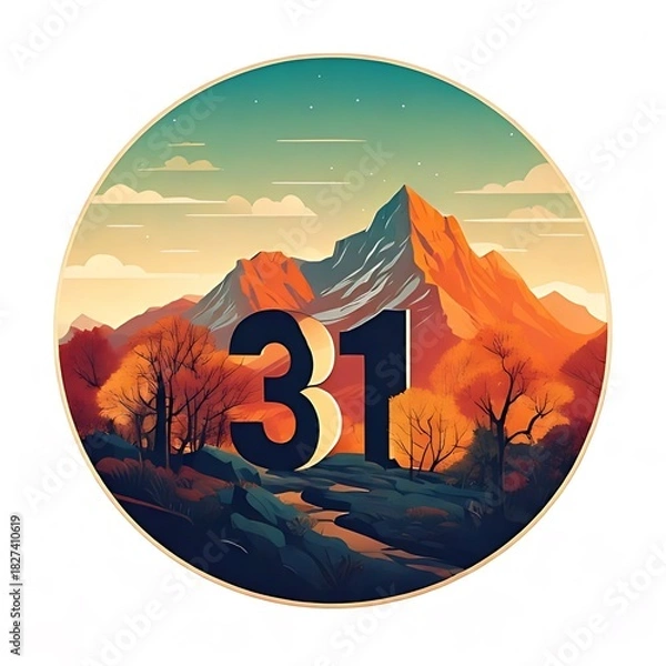 Obraz Circular landscape art featuring an imposing mountain range, autumn trees, and a pathway with the number "31" centrally placed