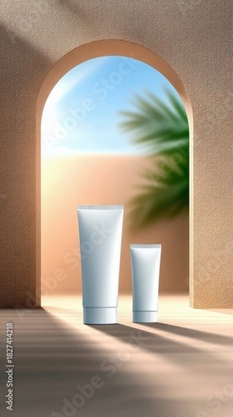 Fototapeta Two white cosmetic tubes are displayed on a wooden surface. The scene is framed by a soft archway, with dappled sunlight and shadows creating a serene mood. A b