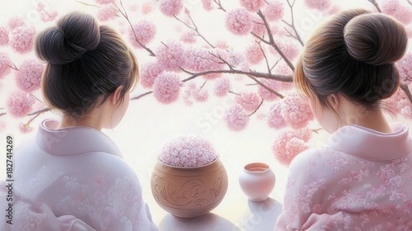 Fototapeta Two women wearing kimonos admire the cherry blossoms through a window. A small pot and cup are on the table. The scene is indoors, with a soft, peaceful mood.