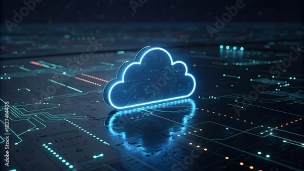 Fototapeta Modern cloud computing visualization with neon glow, perfect for tech companies, digital marketing, and innovative IT solutions in the digital age
