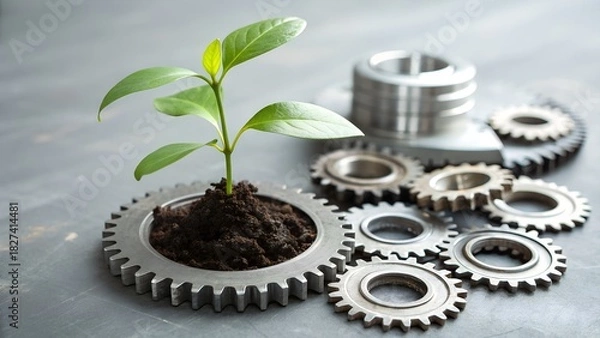 Fototapeta Sustainable future concept showing new growth, plant in gear, symbolizing progress and eco-friendly technology with focus on environmental solutions