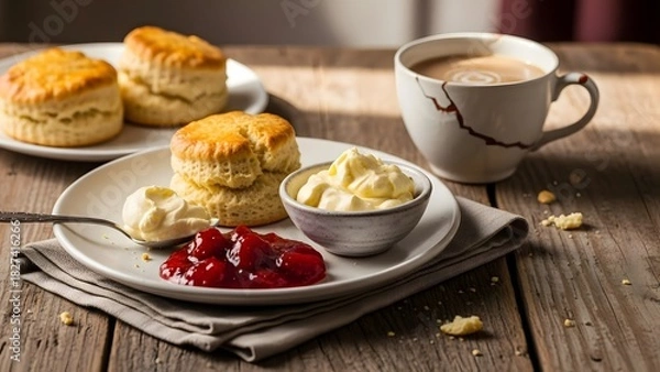 Fototapeta Scones with jam and tea with milk on the table. horizontal  