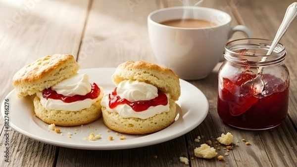 Fototapeta Scones with jam and tea with milk on the table. horizontal  