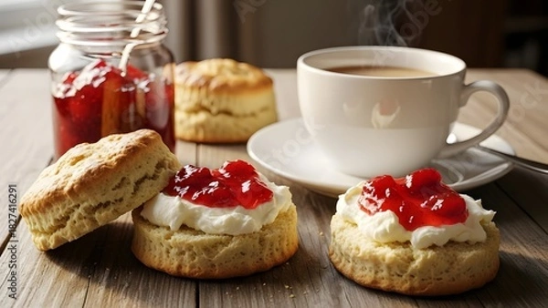 Fototapeta Scones with jam and tea with milk on the table. horizontal  